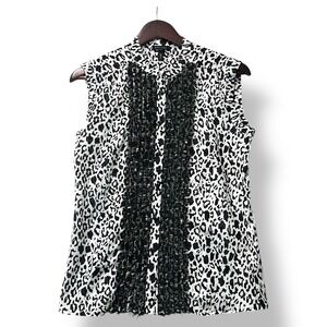 Escada Women Nidra Leopard Print Ruffle Front Sleeveless Button Blouse Top Sz XS